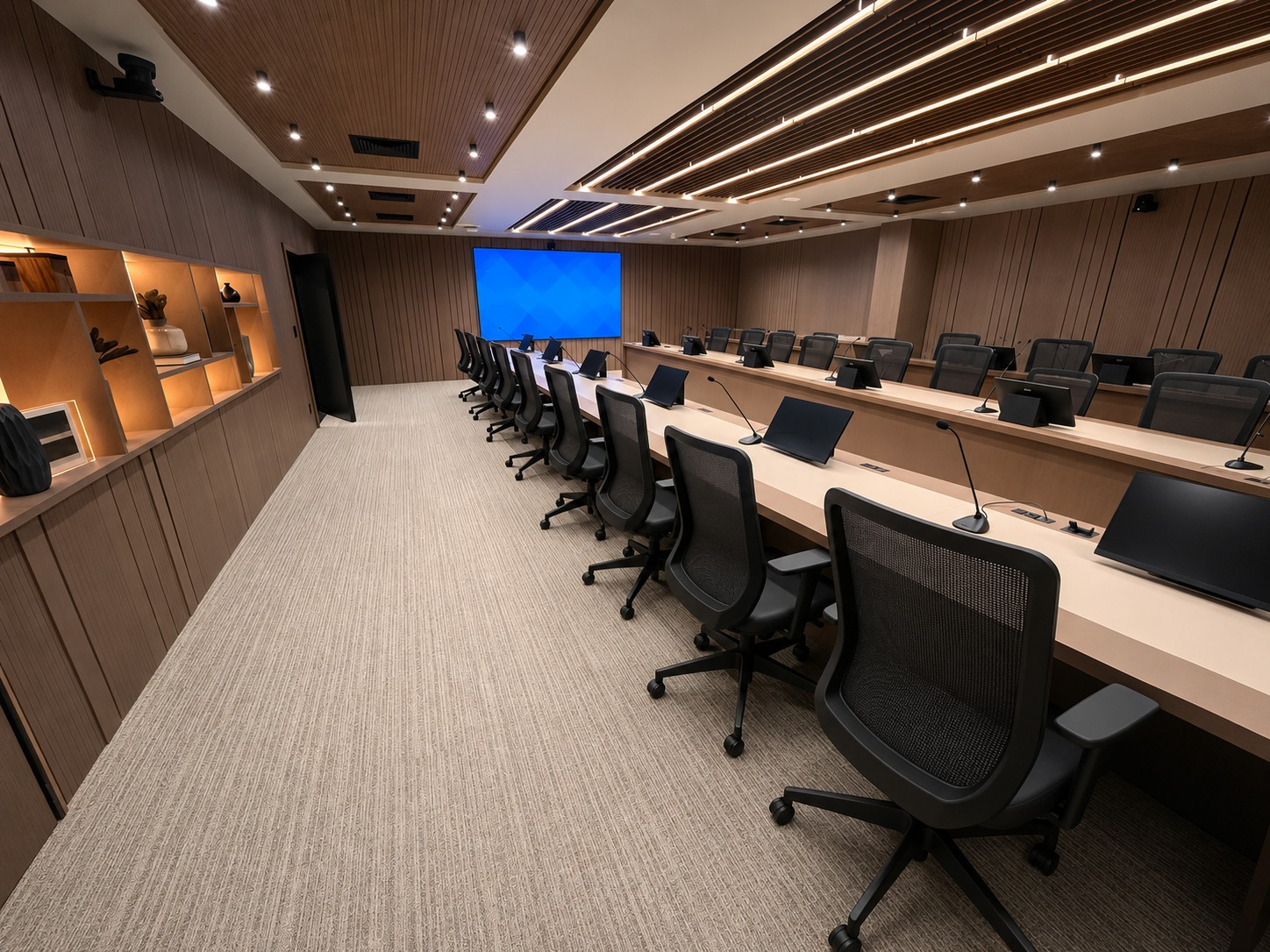 Sala de reuniões executiva com solução audiovisual integrada