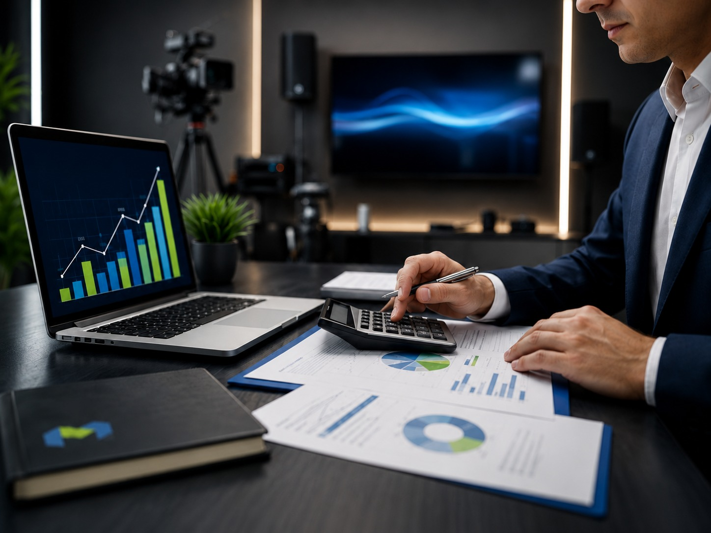 Profissional analisando indicadores e planejando uma solução audiovisual